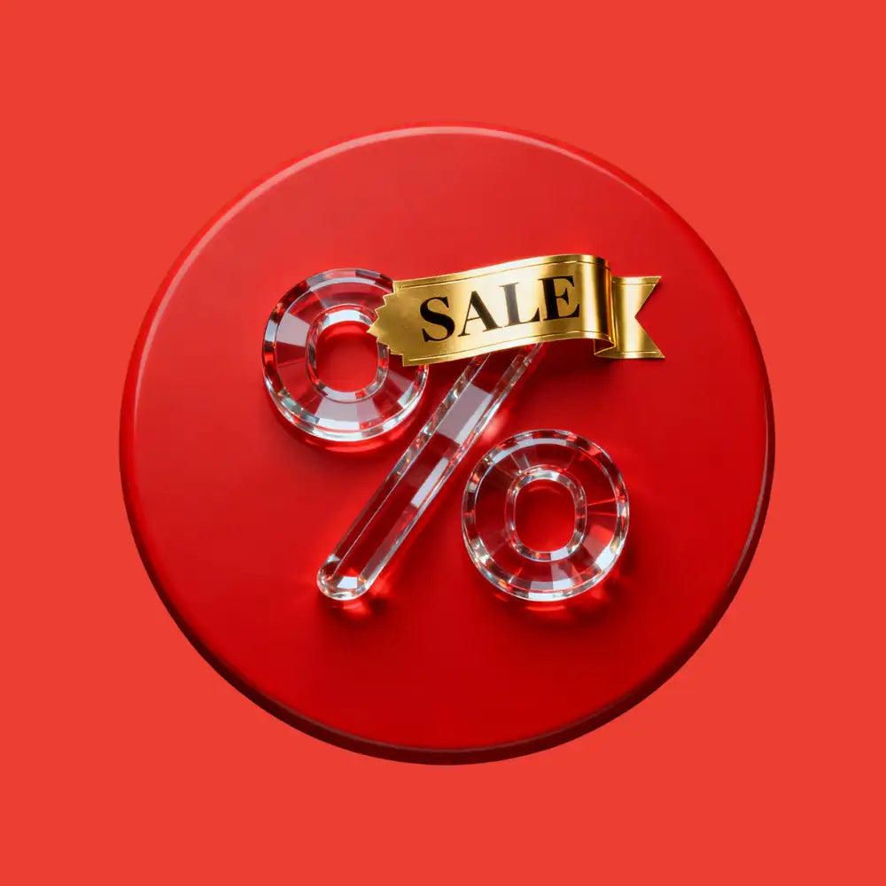 Sale-Symbol und Markenprodukt auf rotem Hintergrund