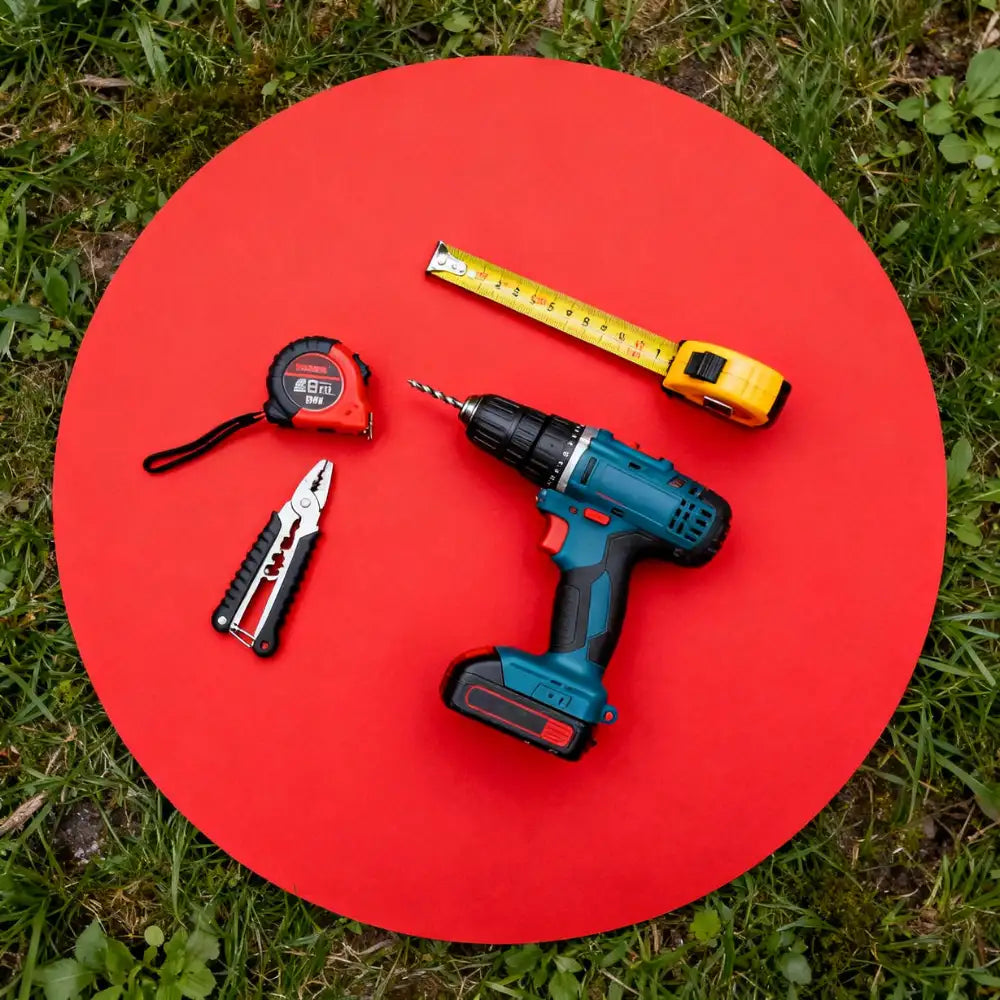 Werkzeug-Set aus Akku-Bohrer und Handwerkzeug auf rotem Hintergrund