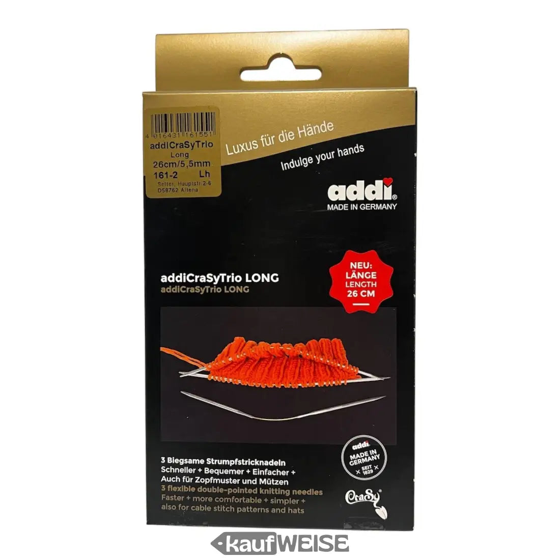Addi CraSy Trio Set in Verpackung für flexible Sockenstricknadeln