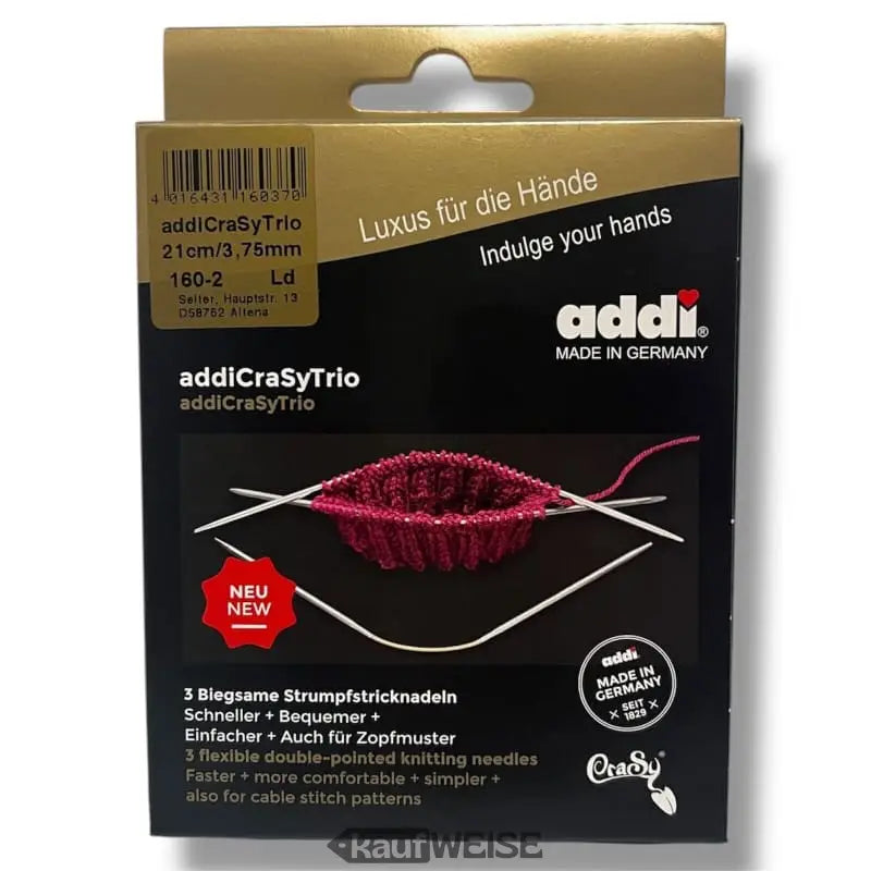Packung mit drei flexiblen doppelpunkten Nadeln für Sockenstricken von Addi CraSy