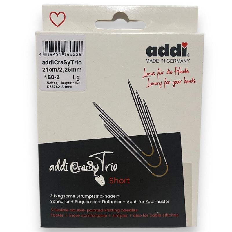 Addi CraSyTrio 21 cm kurze Stricknadeln in der Verpackung für Sockenstricken