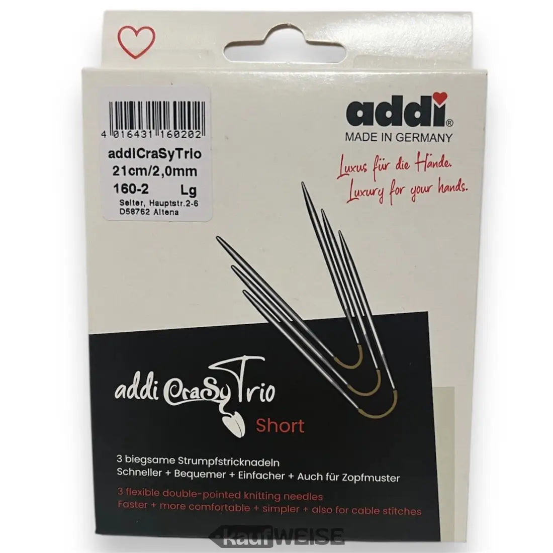 Addi CraSy Trio kurze Stricknadeln Verpackung für Sockenstricken 21 cm