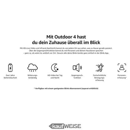 Promo Bild der Blink Outdoor 4 Überwachungskamera mit Akku, Wetterfest, HD, Zwei-Wege-Audio
