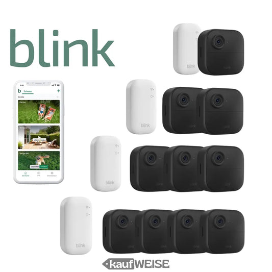Blink Outdoor Überwachungskamera Set mit mehreren Kameras und App-Interface
