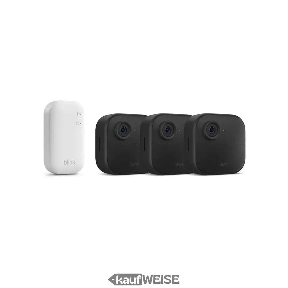 Weiße rechteckige Hub mit drei schwarzen Überwachungskameras für Blink Outdoor Set