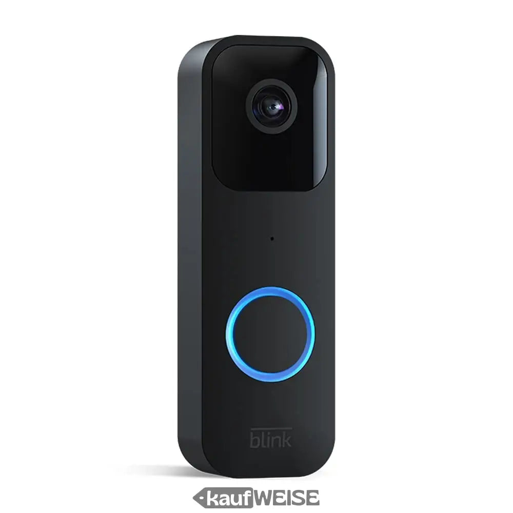 Schwarze Blink Video-Türklingel mit HD-Video, blau beleuchtetem Knopf und Linse