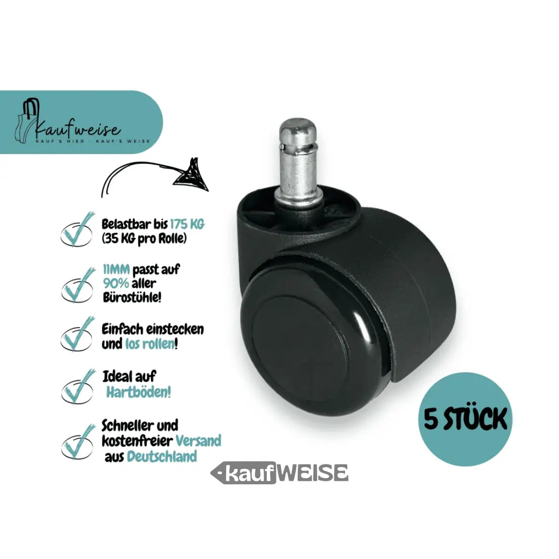 Bürostuhlrollen Schwarz kratzfrei und leise ideal für Parkett Laminat Nutzung