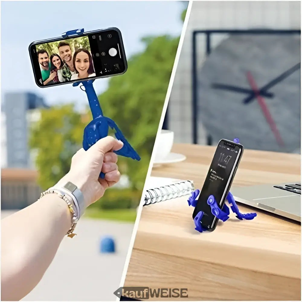 Blauer flexibler Smartphonehalter Celly Squiddy als Selfie-Stick und Tischständer