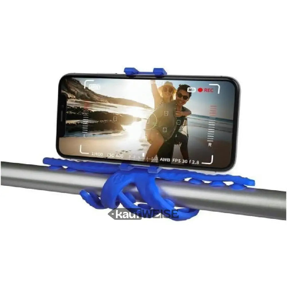 Flexibler blauer Handyhalter mit Saugnapf-Array, hält Smartphone quer perfekt