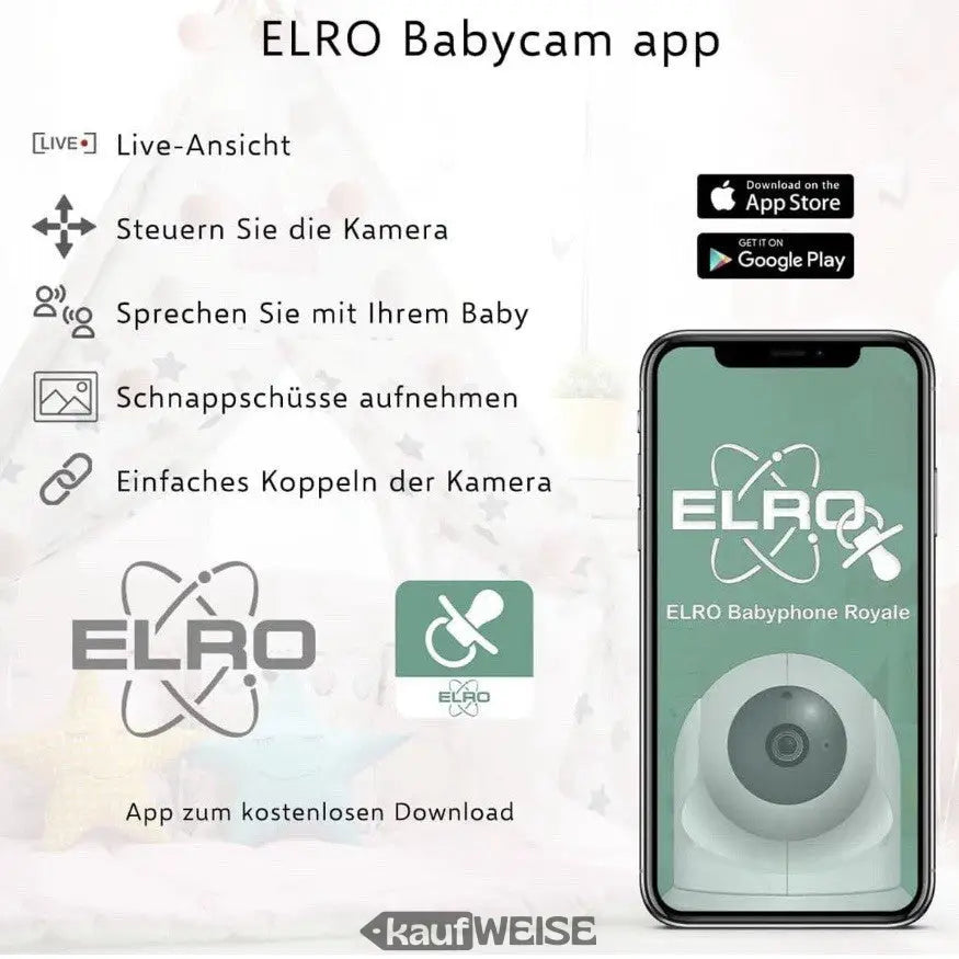 ELRO Babycam App Werbung auf der Babykamera mit großer Reichweite für Android und iPhone