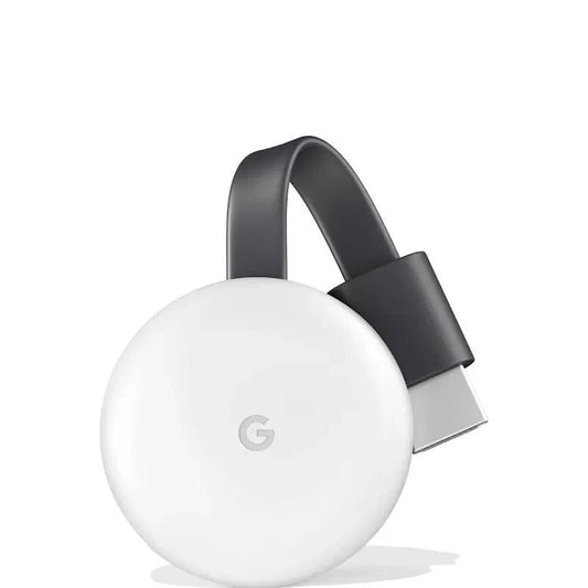 Weiße runde Google Chromecast 3. Generation mit flexiblem dunklem HDMI-Kabel