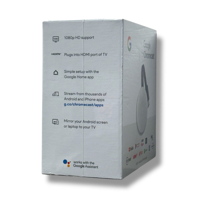 Weiße Google Chromecast 3. Generation Verpackung mit Produkt-Features, Full HD Streaming
