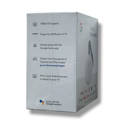 Weiße Google Chromecast 3. Generation Verpackung mit Produkt-Features, Full HD Streaming