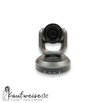 Graue PTZ Konferenzkamera mit schwarzem Objektiv und runder Basis für HuddleCamHD HC10X-GY-G3