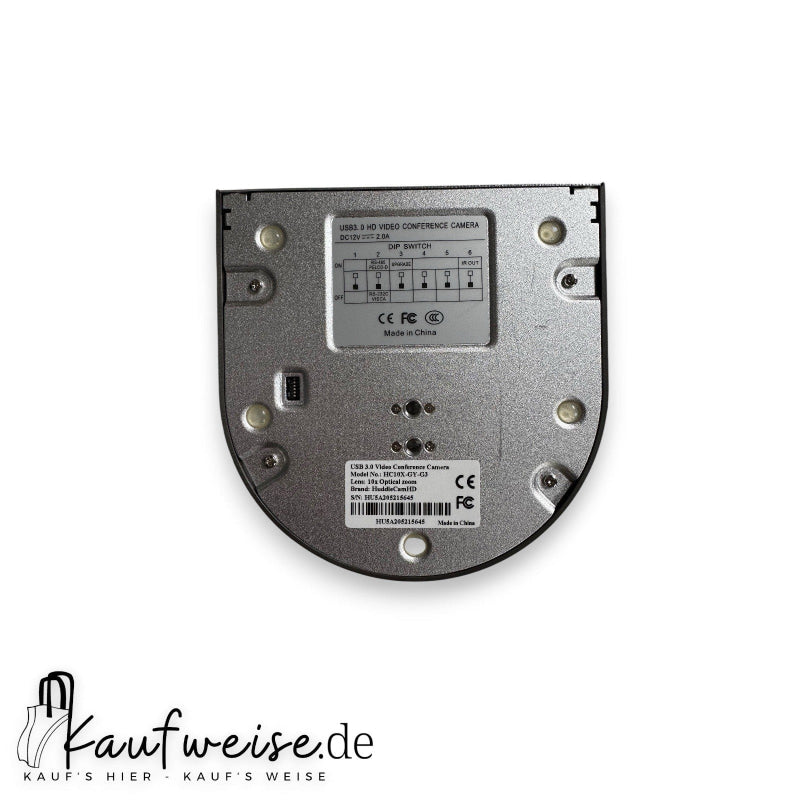 Unterseite der HuddleCamHD HC10X-GY-G3 mit Anschlüssen und Zulassungsetiketten