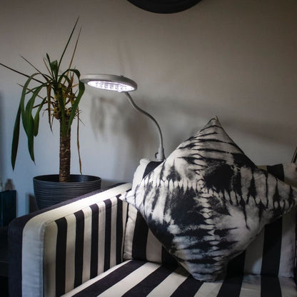 Schwarz-weiß gestreifte Couch mit Kissen für die LED-Lupenleuchte 4 in 1