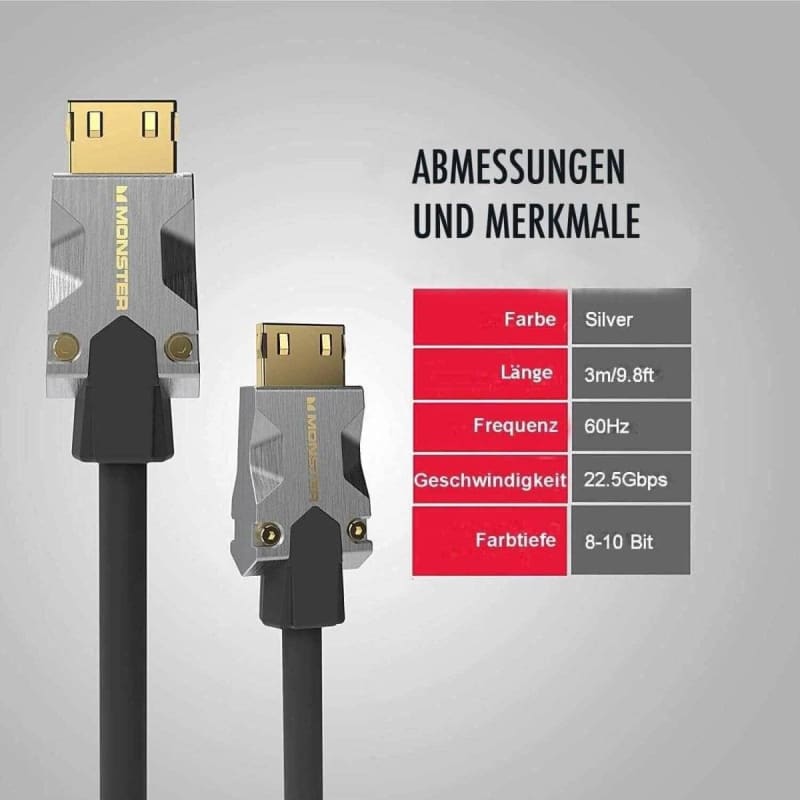 Silbernes HDMI-Kabel Monster M1000 mit Ethernet und 4K HDR10 Spezifikationen