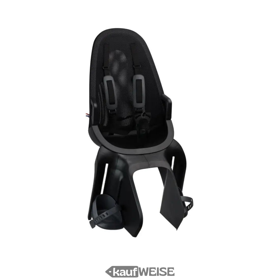 Schwarzer Fahrradsitz für Kinder mit Mesh-Rückenlehne und Sicherheitsgurt