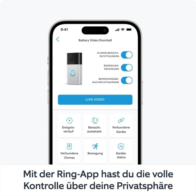 Weiße und schwarze Akku-Videotürklingel von Ring mit schlankem Design und anpassbaren Datenschutzeinstellungen in der Ring App