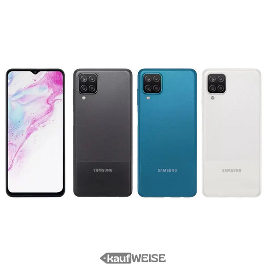 Vier Samsung Galaxy A12 Smartphones in verschiedenen Farben auf dem Produktbild