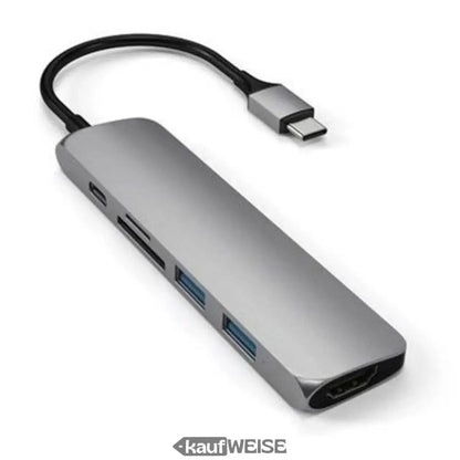 Silberner Satechi V2 Slim USB-C Multiport Adapter mit drei Ports und schwarzem Kabel