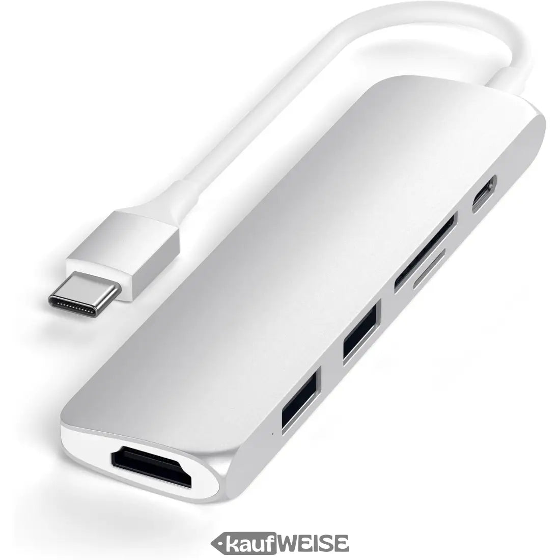 Silberner Satechi V2 Slim USB-C Multiport Adapter mit weißen Akzenten und Tragegriff