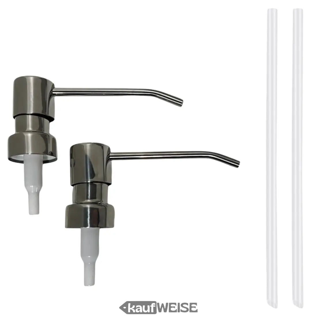 Zwei Edelstahl Seifenspender mit Kunststoffschläuchen in modernem Pumpen Set
