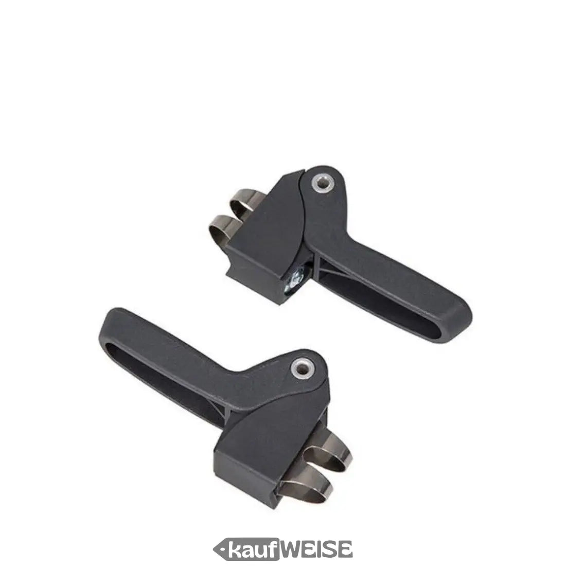 Zwei dunkle graue Metall- und Plastikclips mit gebogenen Enden für Qibbel Junior